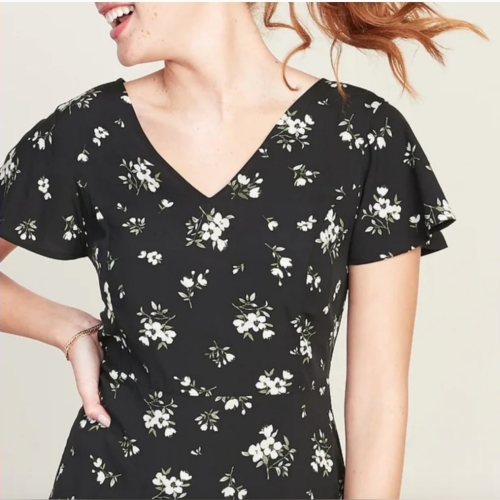 Smocked Floral Flutter Sleeve Midi